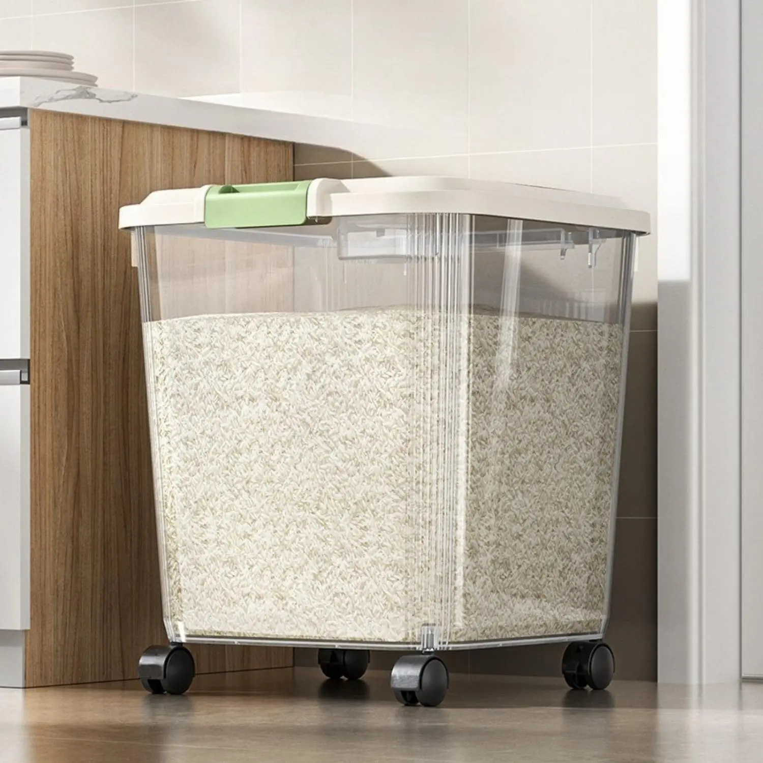 Kitchen Airtight Food Storage Container with Silicone Lid, 25kg Large Capacity, Transparent Cover, Wheels, Insect-Proof Bin for Rice, Pet Food, Includes Measuring Scoop