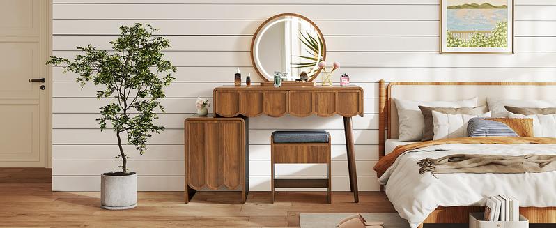 Giratree Vanity Desk with Mirror and Lights, Modern Wood Wave Panel Vanity Desk Set Makeup Table with Drawers and Cabinet, Dressing Table with Storage for Bedroom