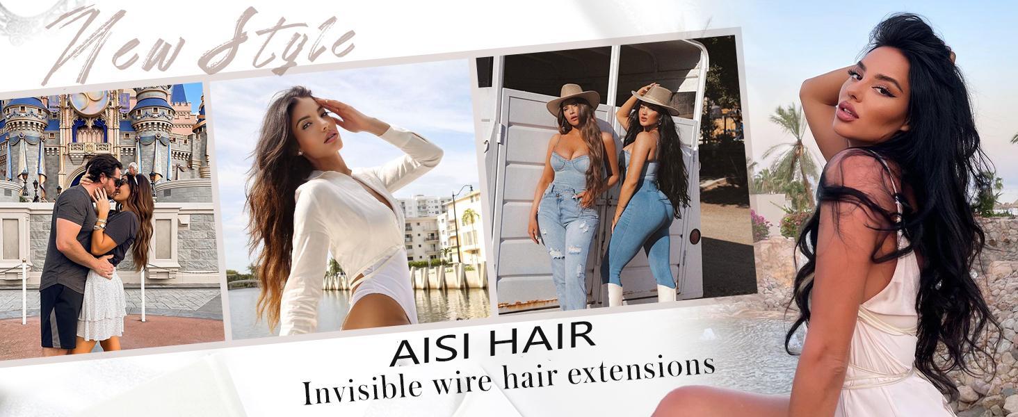 AISI HAIR Long Curly Wavy Invisible Wire Hair Extensions with Transparent Wire Hairpieces for Women Flexible Adjustable Easy Application Natural Look - Curling