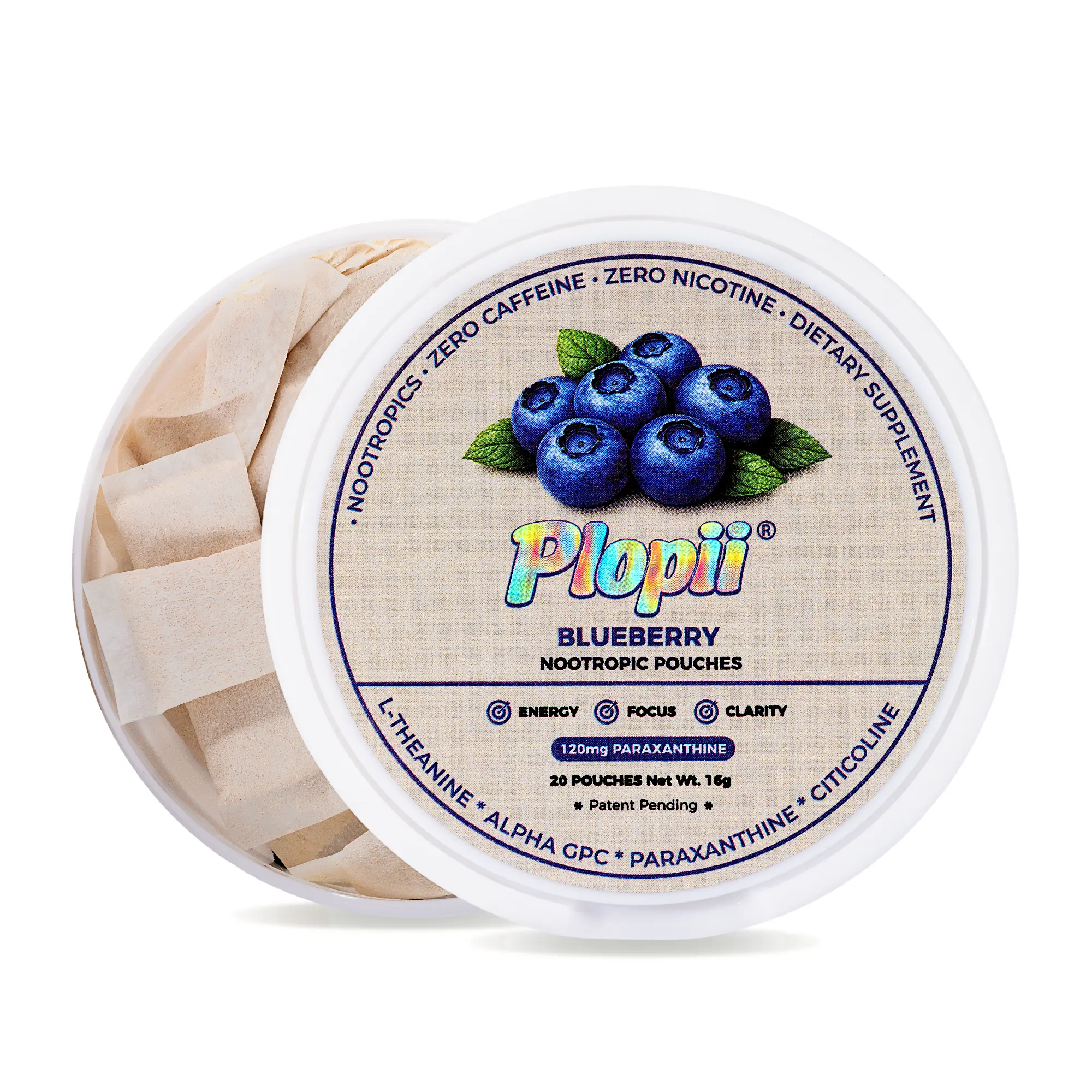Plopii Focus Nootropic Pouches, 120mg Paraxanthine, Nicotine-Free, Caffeine-Free | Alpha GPC, Citicoline, L-Theanine, Ginseng | Vitamin B6 + B12 | Plant-Based Energy Pouches | Brian Vitamins