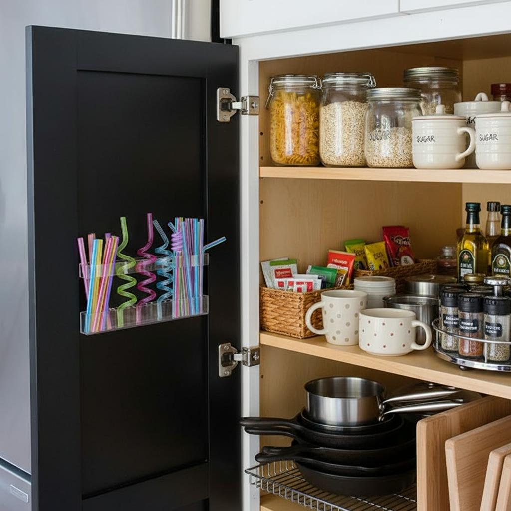 9.5-inch Large Acrylic Straw Holder for Cabinet Doors Reusable Adhesive Storage Rack for Countertops and Cupboards, Clear and Space-Saving
