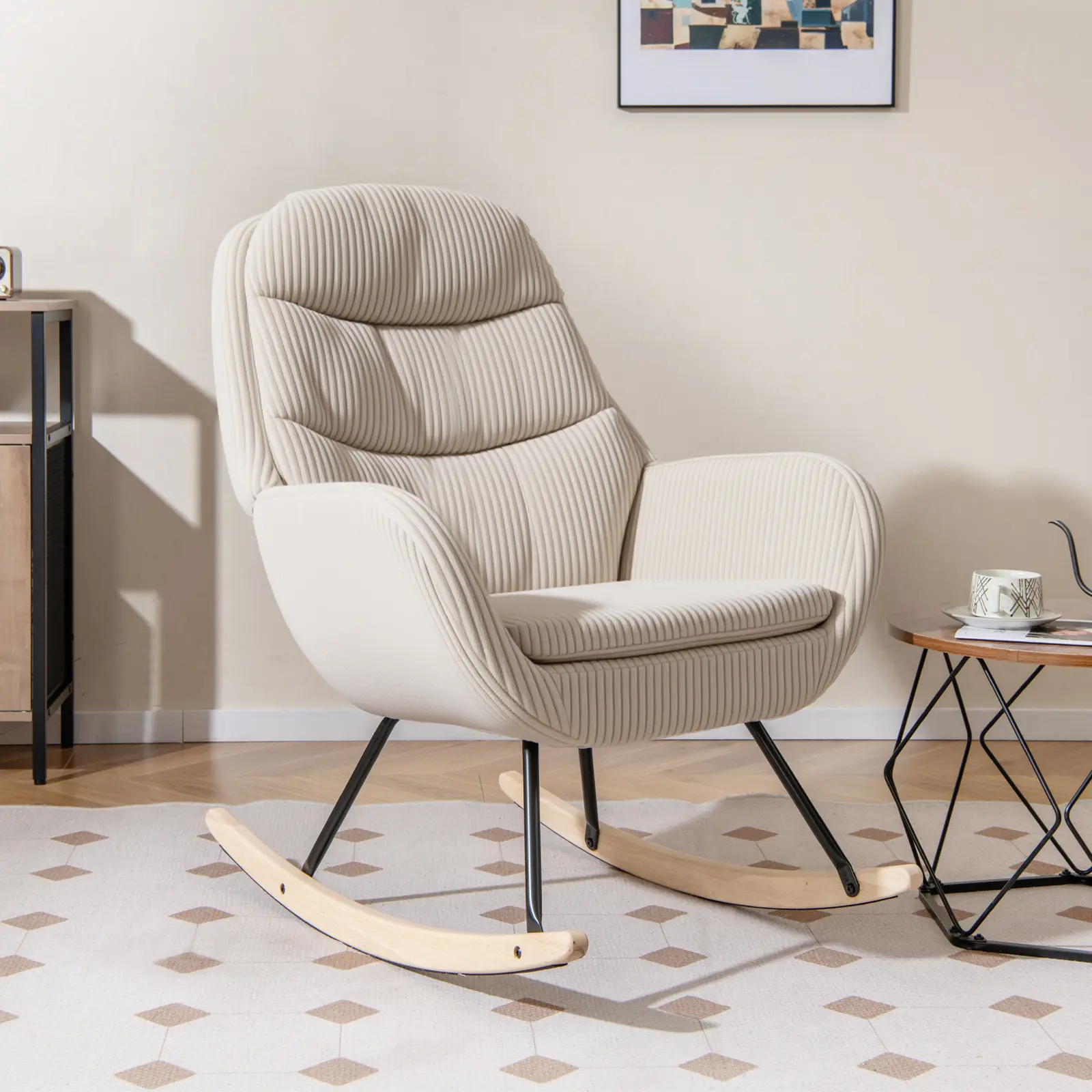COSTWAY - Upholstered Rocking Chair Nursery Glider Rocker with Padded Backrest and Seat-Beige