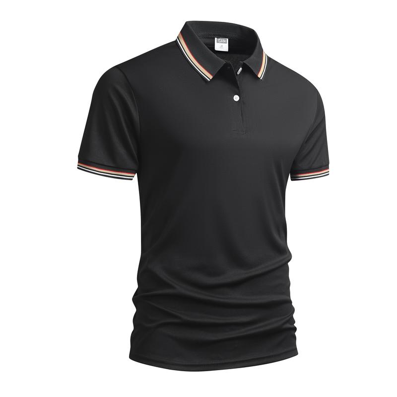 Men's Solid Black Polo Shirt with Orange & White Trim Turn-down Collar Short Sleeve Summer Versatile Business Casual Top