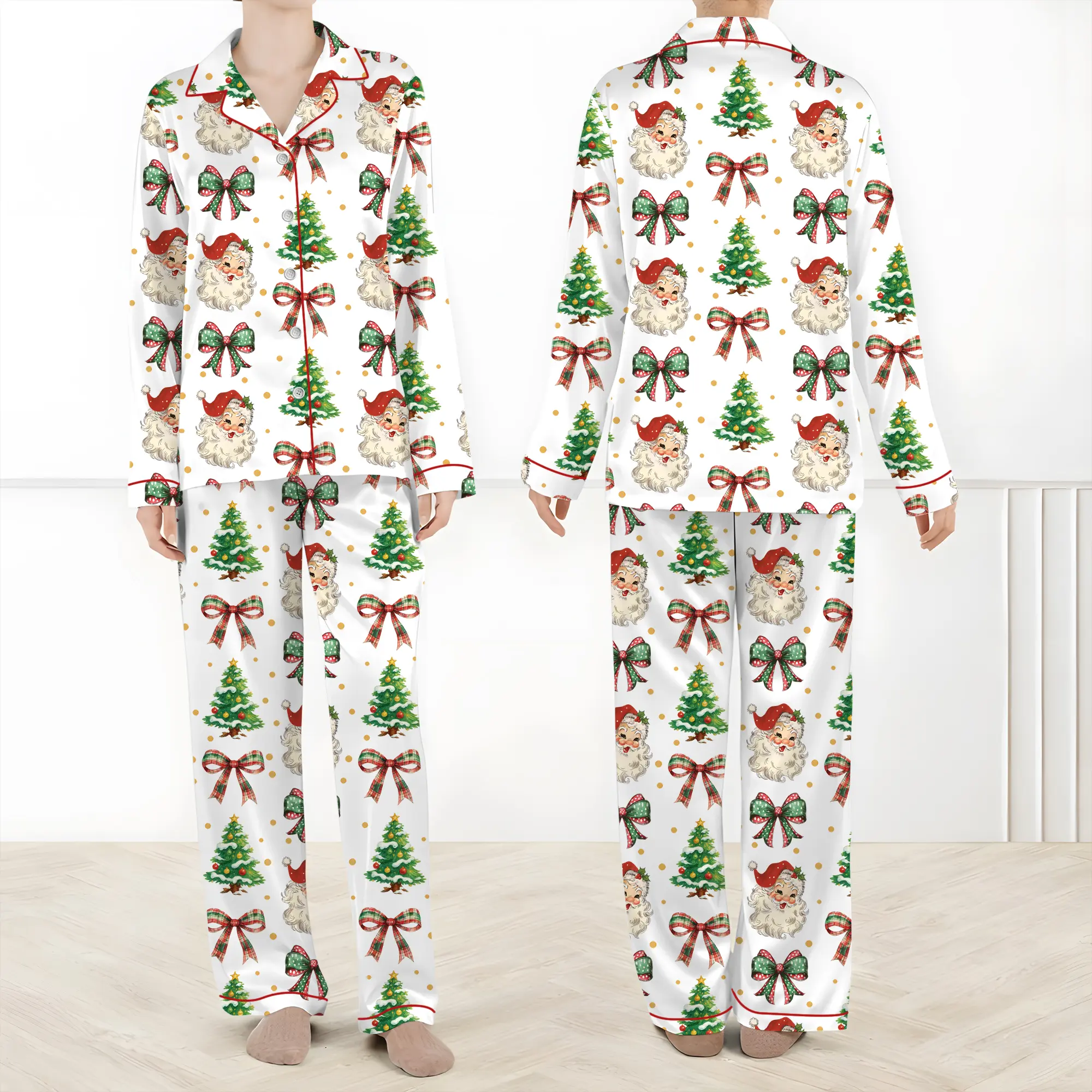 Coquette Christmas Santa Christmas Tree On Gold Dots Satin Pajama Set, Coquette Christmas Satin Pajamas, Christmas Nightwear Pajama, Sleepwaer Pjs Gifts