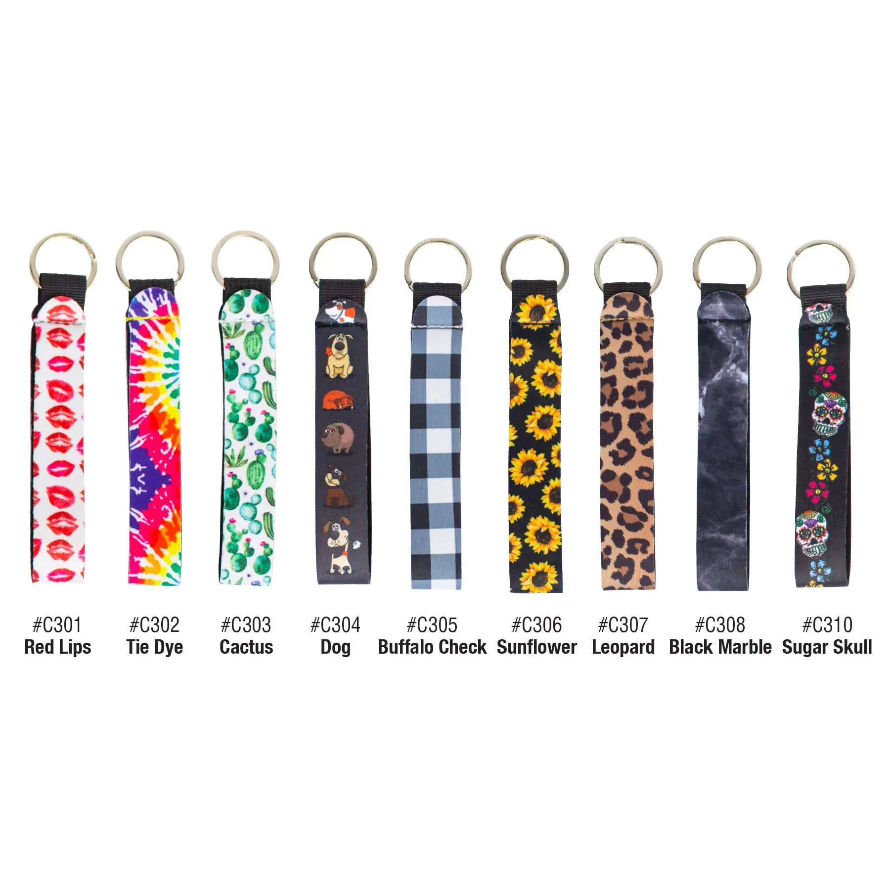 Wristlet Key Holder for Women, Lightweight Neoprene in Tie Dye, Sunflower & Animal Print Patterns, Hands-Free Fashion Accessory for Car Keys, Shopping, Easy Find, Colorful, 1" Key Ring