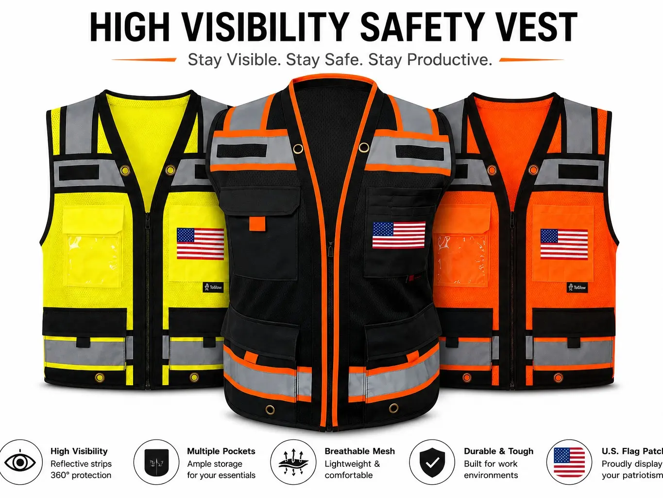 AMERICAN SIZE Superintendent Safety Vest with custom flag logo, High Visibility Reflective Safety, Mesh Safety Vest with Zipper and Multi pockets