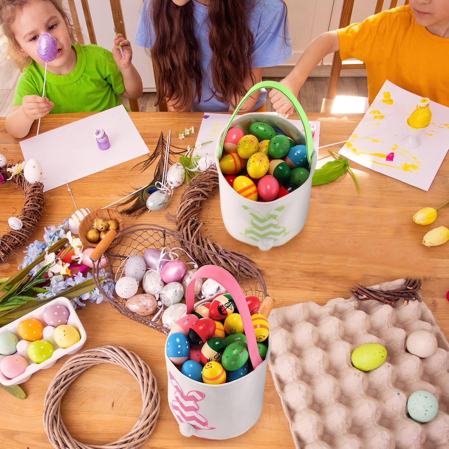 4/6 Pcs Easter Bunny Basket Easter Gift Bags Reusable Totes Bags Easter Eggs Basket for Egg Hunt,Easter Gift buckets for Student Adult Office Employee Coworker,Outdoor Church School Classroom Decorations,Spring Birthday Party Supplies