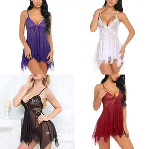 Women's Lace Trim Mesh Lingerie - Sexy V-Neck Sheer Nightwear with Adjustable Straps (Multiple Colors