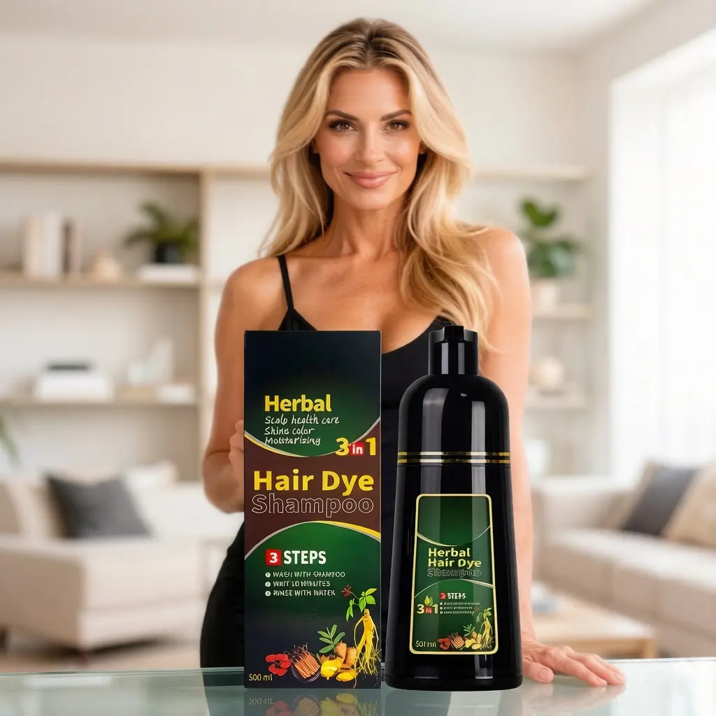 3-in-1 Hair Dye Shampoo, Gentle Herbal Color & Conditioner for 100% Gray Coverage, Dark Brown Haircare for Men and Women