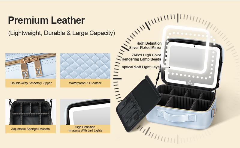 Makeup Bag with LED Mirror, Light Travel Makeup Train Case for Women, Cosmetic Bag Organizer, Portable Artist Storage Bag with Adjustable Dividers Makeup Brushes Storage Organizer and 3 Color Lights
