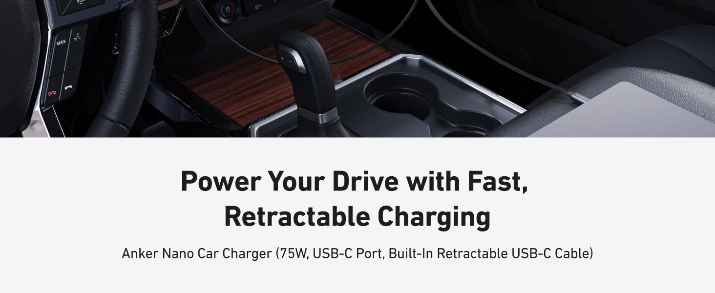 Anker USB-C Car Charger, 75W Max Fast Charging, Sleek and Compact Design with Retractable Cable, for iPhone 17 / 16 / 15 Series, Samsung S24 / S23, MacBook, and More