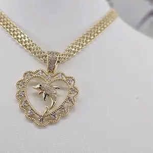 (C36) Heart and dolphin pendant and chain  14 k gold plated