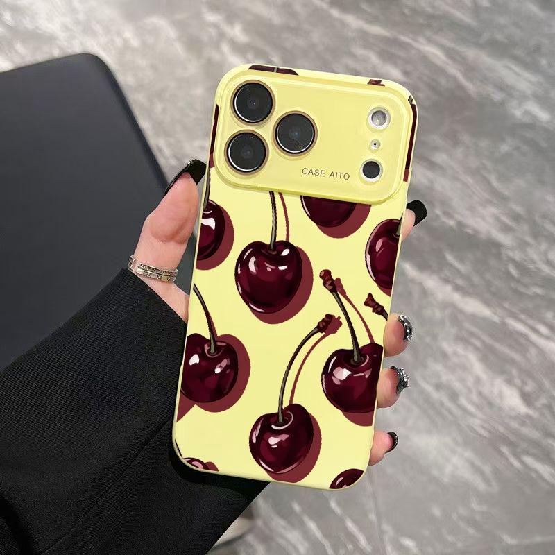 Low-Saturation Retro Red Cherry Pattern Dopamine Ins Style Solid Color Phone Case Ultra Skin Friendly Touch All Inclusive Lens Compatible with Apple iPhone 17 Air 16 15 14 13 12 Por Max
