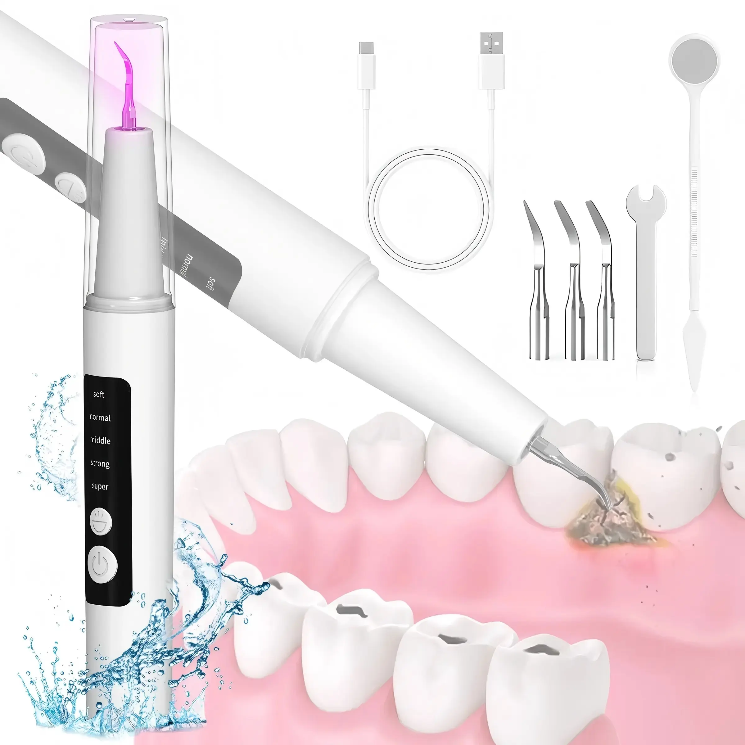 LED Light Electric Tooth Scaler Kit Tonsil Stone oral Electric Tooth Cleaner 5-Mode Rechargeable Plaque Tartar Remover Set with 3 Replaceable Brush Heads Safe for Pets Oral Hygiene-Cleansing Cleanser seasonal must-haves teeth cleaner Adjustable
