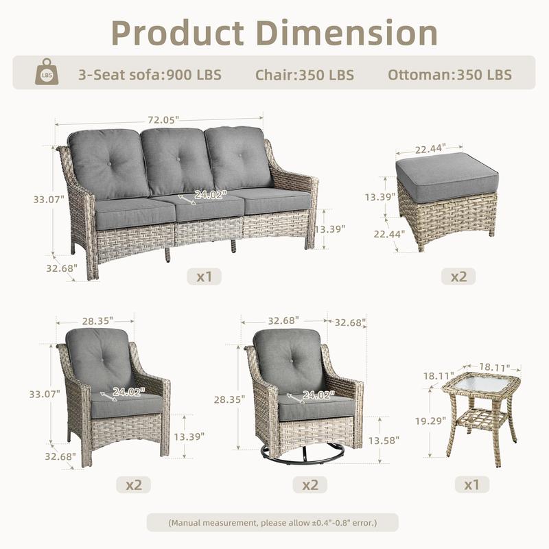 Outdoor Wicker Patio Furniture Set 8-PCS with A 3-Seat Sofa, 2 Swivel Rocking Chairs, 2 Armchairs, 2 Ottomans and 1 Side Table Patio Conversation Set for Comfortable Outdoor Space