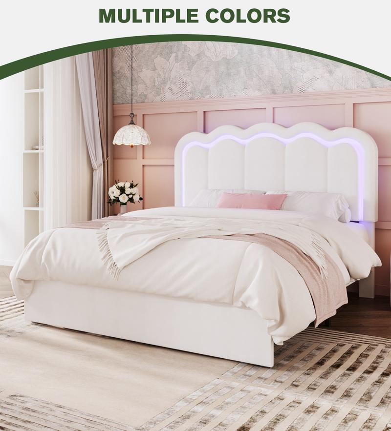 MUTIOCR Velvet Upholstered Bed Frame with Smart LED Lights Large Storage Drawer Adjustable Wavy Headboard No Box Spring Needed Twin Full Queen Sizes White Black Cream Pink