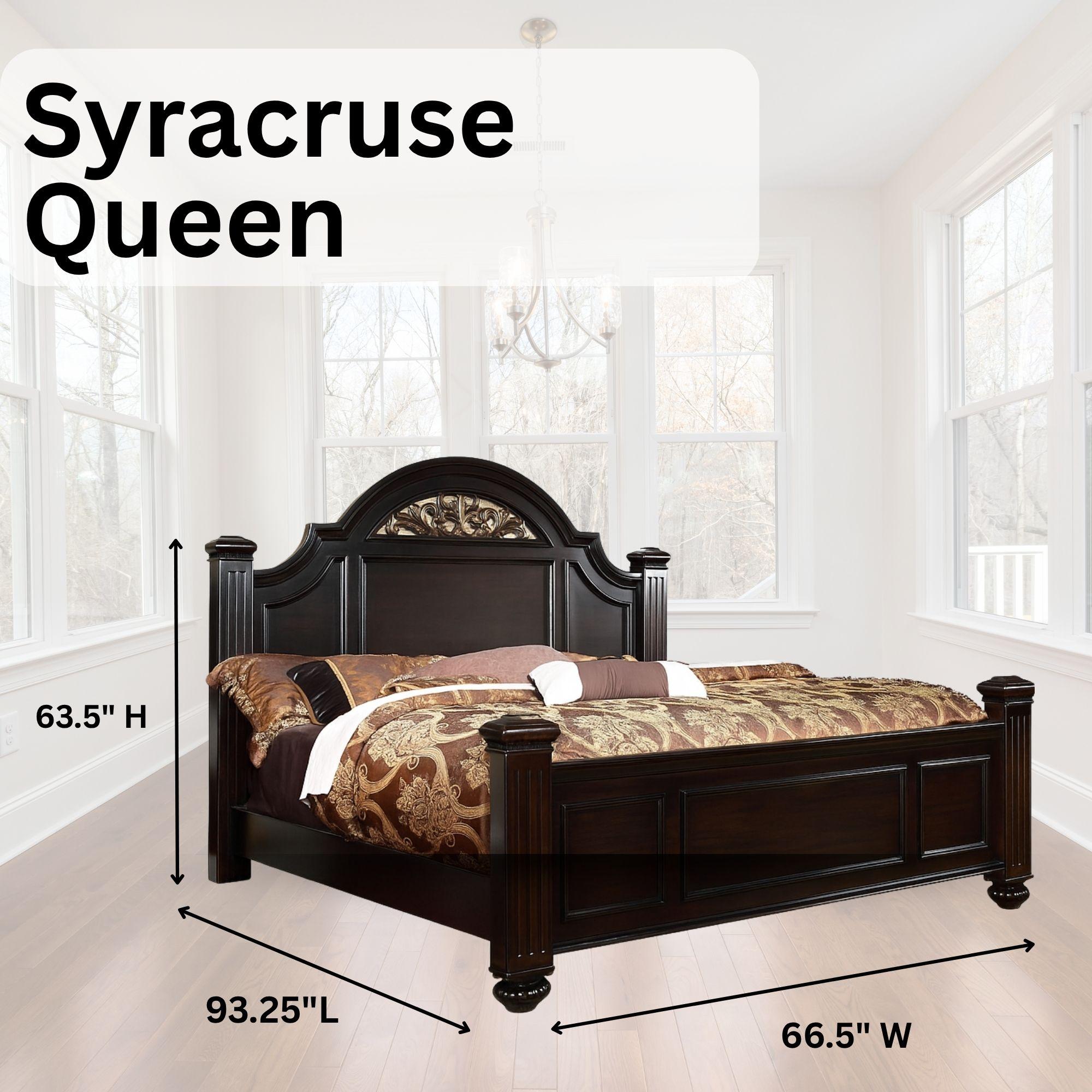 Syracuse Traditional Panel Bed with Carved Floral Accents, Fluted Posts & Wood Veneer Frame – Available in Dark Walnut or Gray – By FOA