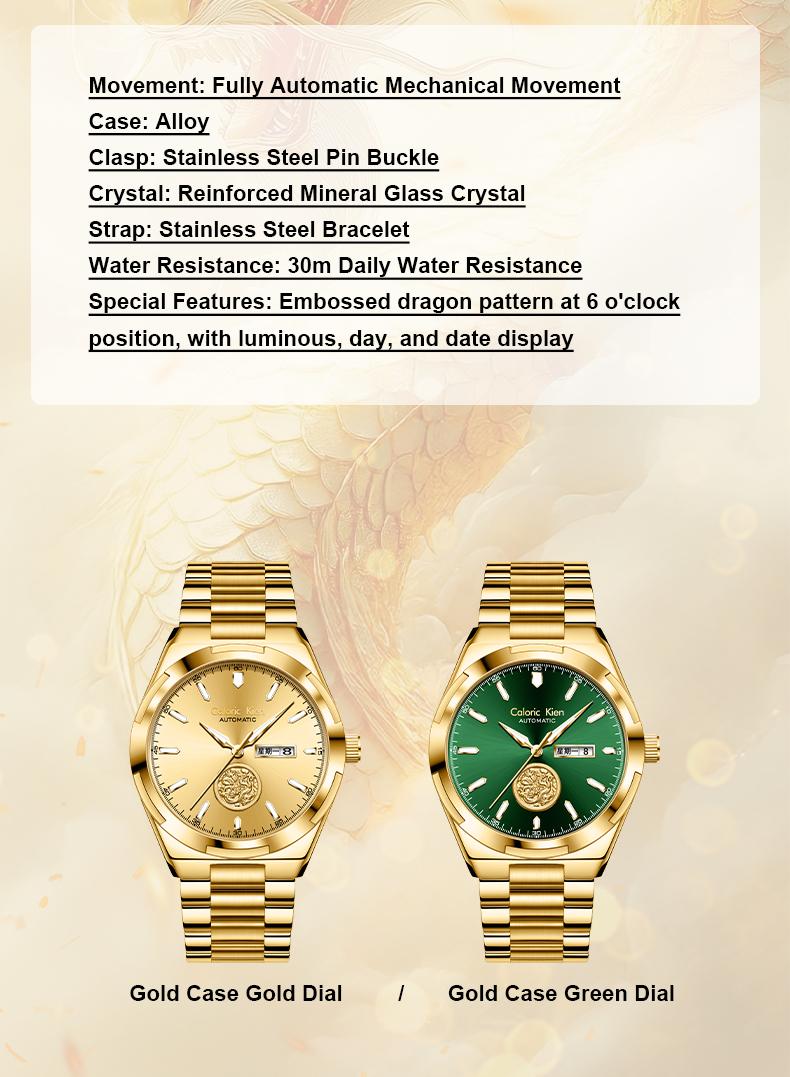 Calonic Kien Men's Luxury Swiss Automatic Gold Watch with Dual Calendar 42mm Stainless Steel Band Luminous Display Water Resistance Buckle