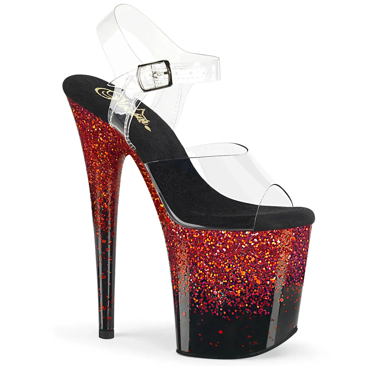 Pleaser Women's Flamingo-808SS Glittering Stiletto Pumps - 8" High Heel Open-Toe Stiletto Heels Sandals with 4" Holographic Gradient Platform, Ankle Strap, Clear/Red, Size 4, Party Footwear