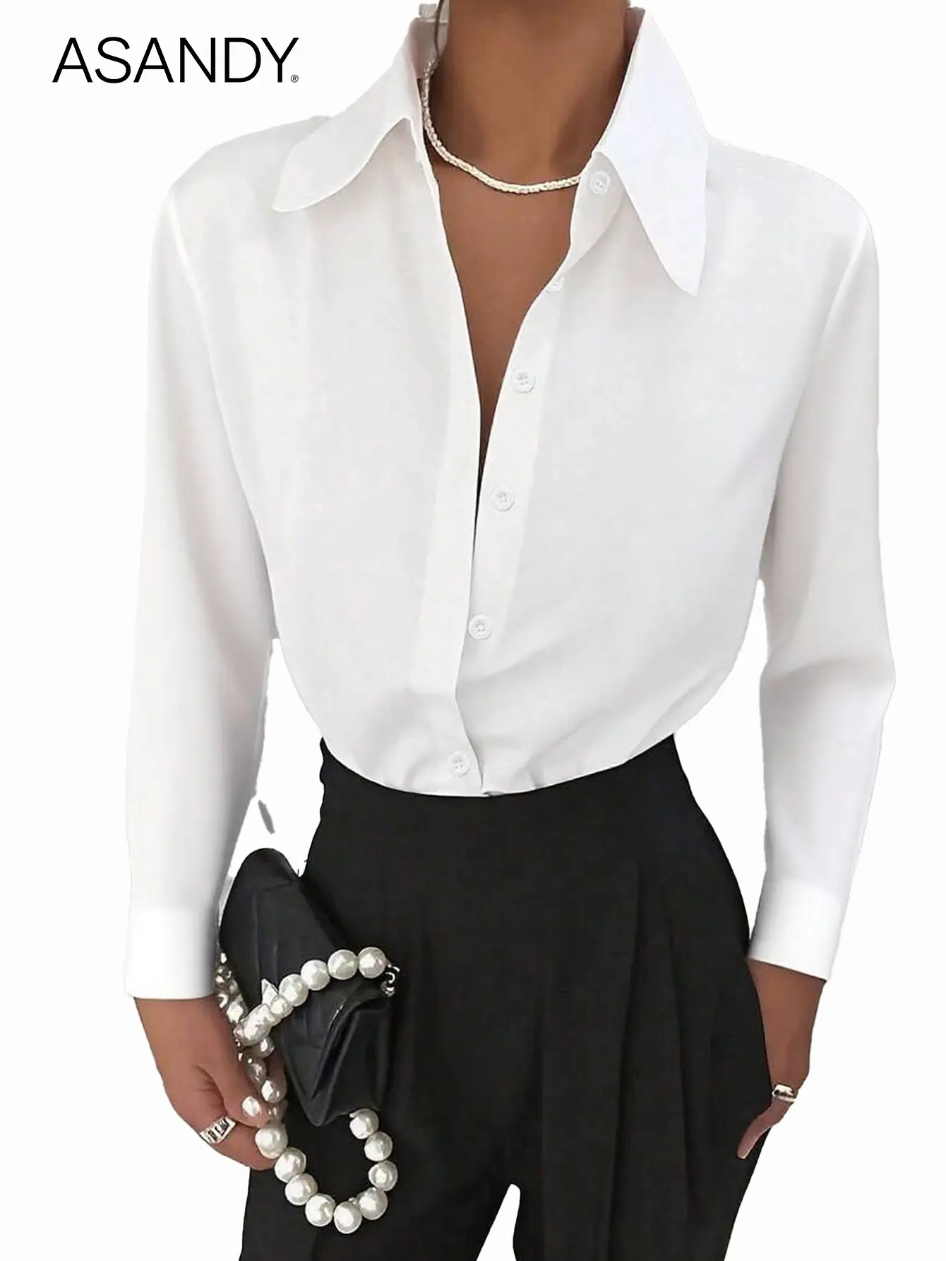 ASANDY Women's Collared Long-Sleeve Glossy Solid Polyester Satin Button-Down Shirt - Oversized Minimalist Elegance Business Casual Top, Office Essential Satin Material Blouse for Professional Women, Women's Clothes