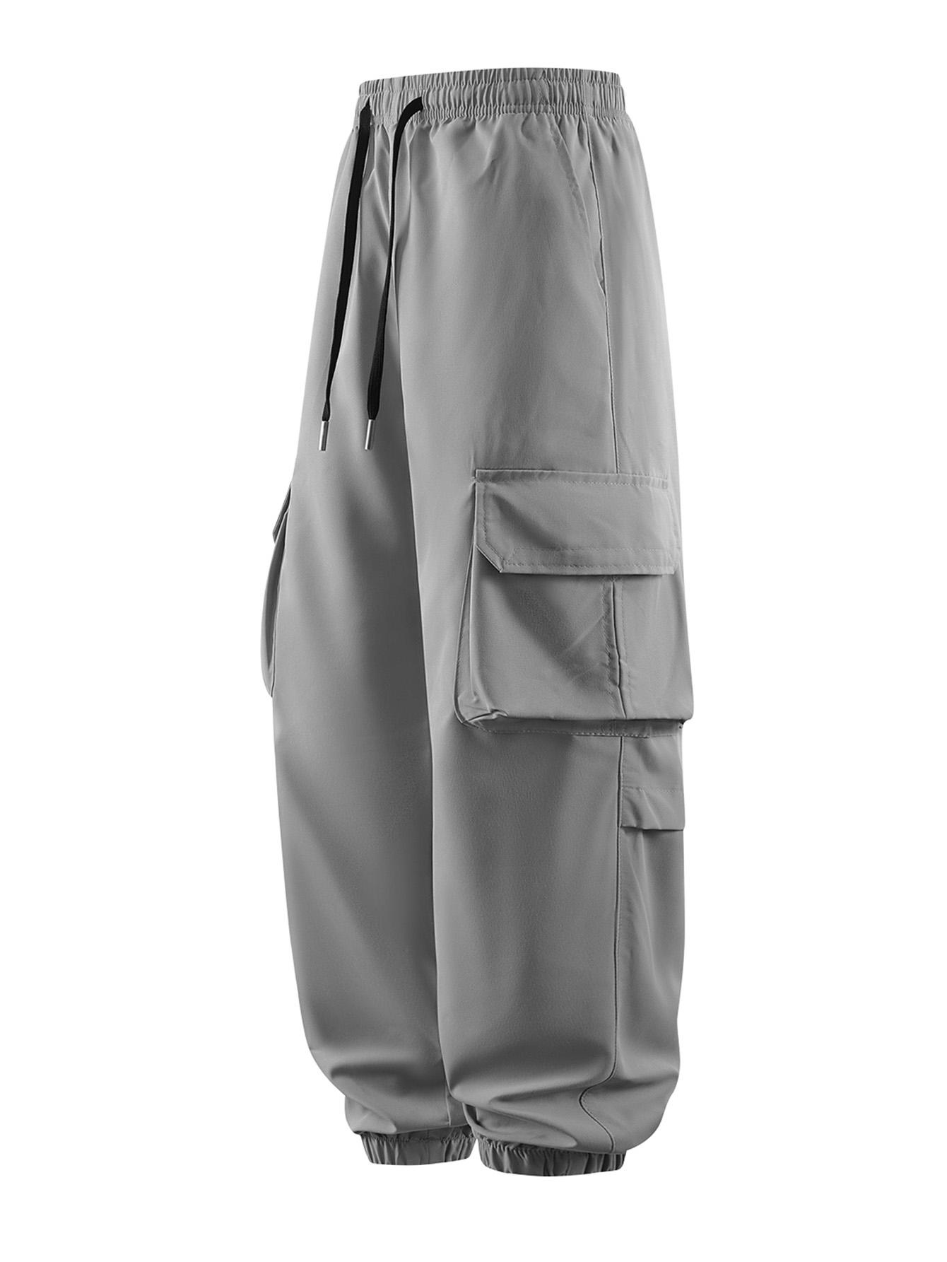 CCCMAI Men's Plain Drawstring Waist Cargo Pants, Casual Pocket Design Trousers for Daily Wear, Streetwear Men's Bottoms for All Seasons Menswear