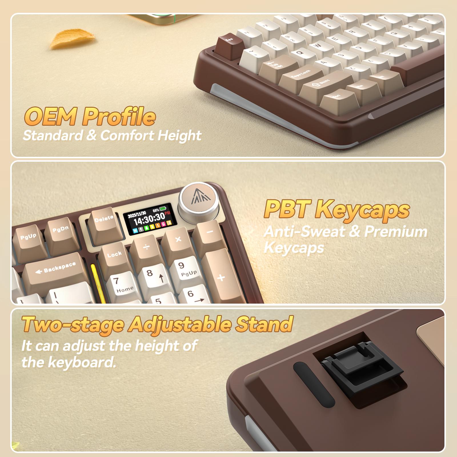 Solakaka A99 Pro 99% Wireless Mechanical Keyboard,  Hot-Swappable,  LCD Screen & Control Knob,  Tri-Mode Bluetooth/2.4G/USB-C,  RGB Backlit, Cream Coffee