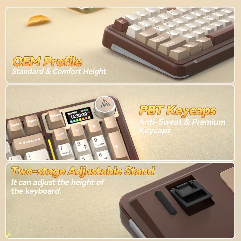 Solakaka A99 Pro 99% Wireless Mechanical Keyboard,  Hot-Swappable,  LCD Screen & Control Knob,  Tri-Mode Bluetooth/2.4G/USB-C,  RGB Backlit, Cream Coffee