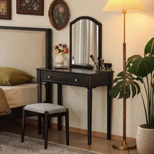 YESWOOD Vintage Vanity Desk with Mirror, Solid Oak Wood Black Dressing Table, Vintage Dressing Table Makeup Desk for Bedroom, No Chair, 16" D x 32" W x 52" H