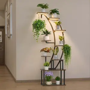 Indoor Plant Stand With Grow Lights, 63-Inch Tall 9-Tier Lighted Plant Shelf, Metal Corner Plant Holder For Living Room And Balcony, 3 Timers And 10 Brightness Levels, Curved Design Floor Standing Plant Display Rack