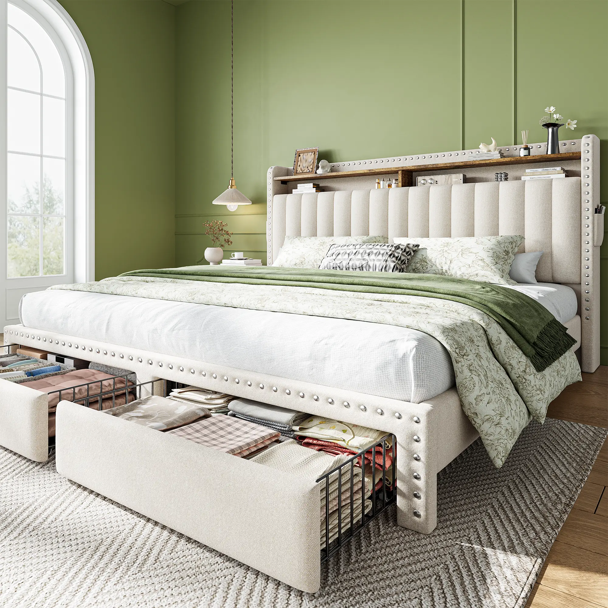 Raybee Premium Upholstered Bed Frame with Storage for Queen/King/Full/Twin, No Mattress Luxury Neilhead Trim Bedframe with Headboard and Bookcase Shelves & Side Pockets, Heavy Duty 880LBS Capacity for Apartment, NO Noise, No Box Spring Needed, Beige, Gray