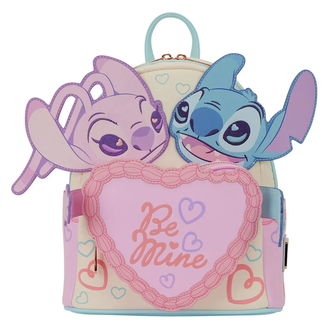 Loungefly Disney Faux Leather Mini Backpack - Stitch & Angel Design, Heart-Shaped Cake Pocket, Puff Print Hearts