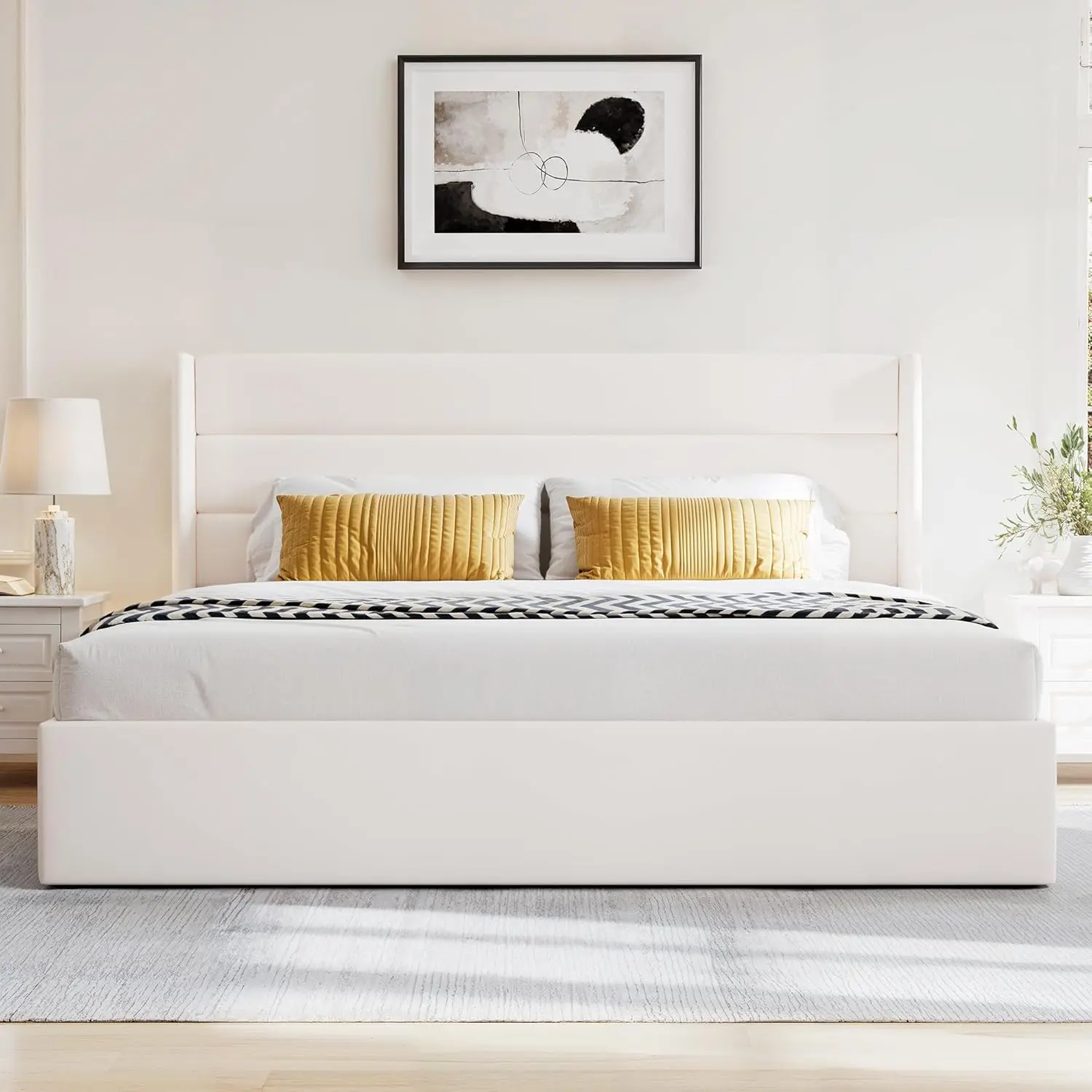 GOLDORO Upholstered Platform Bed Frame with Lift-Up Storage, Wingback Headboard, Hydraulic Lift Support, No Box Spring Needed, White