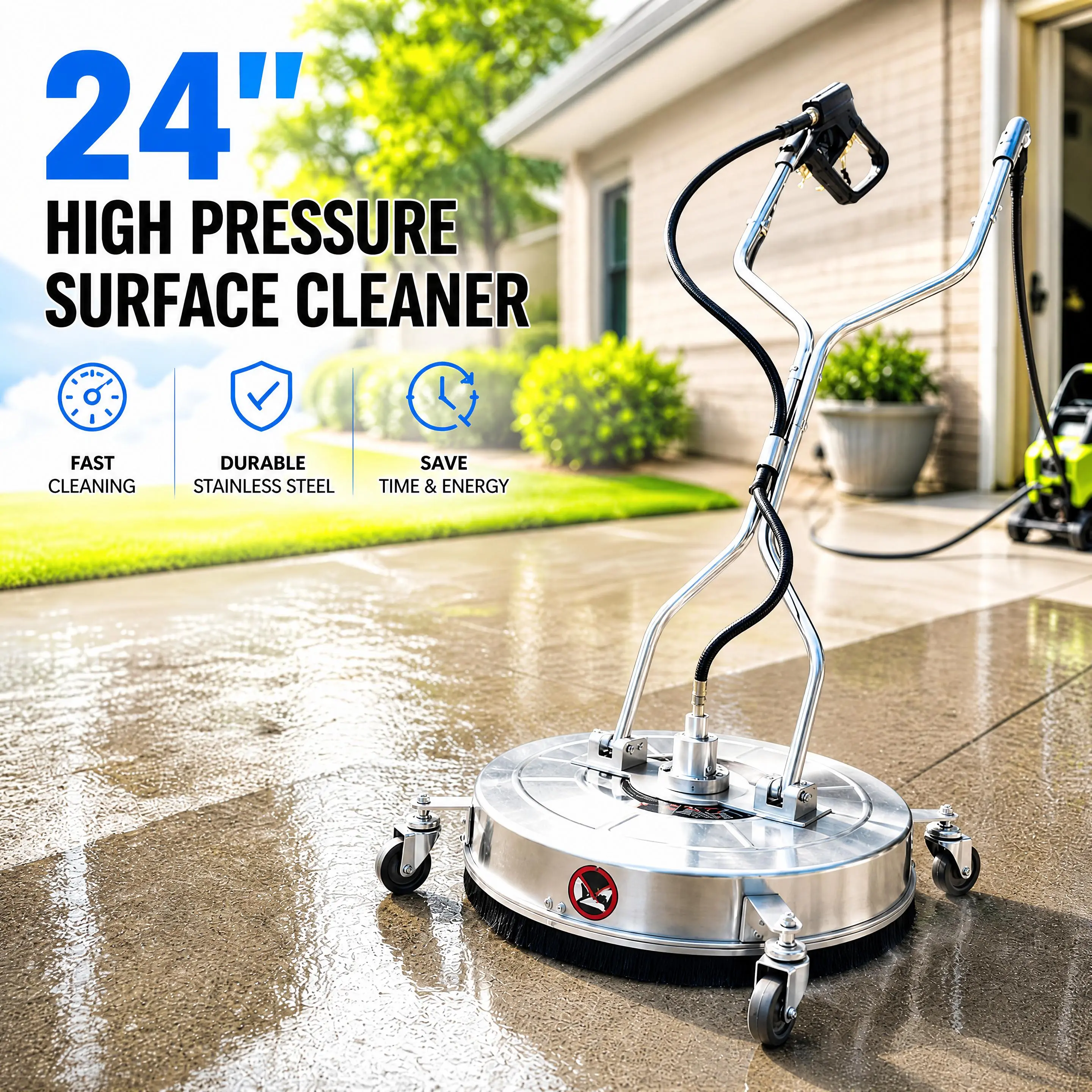 Garvee 24 in Pressure Washer Surface Cleaner Attachment, 4900 PSI Max - Stainless Steel - 4 Wheels - Dual Handles - Rotating Nozzles - 3/8 in Connector + 1/4 in Adapter - for Driveway/Concrete/Patio/Deck