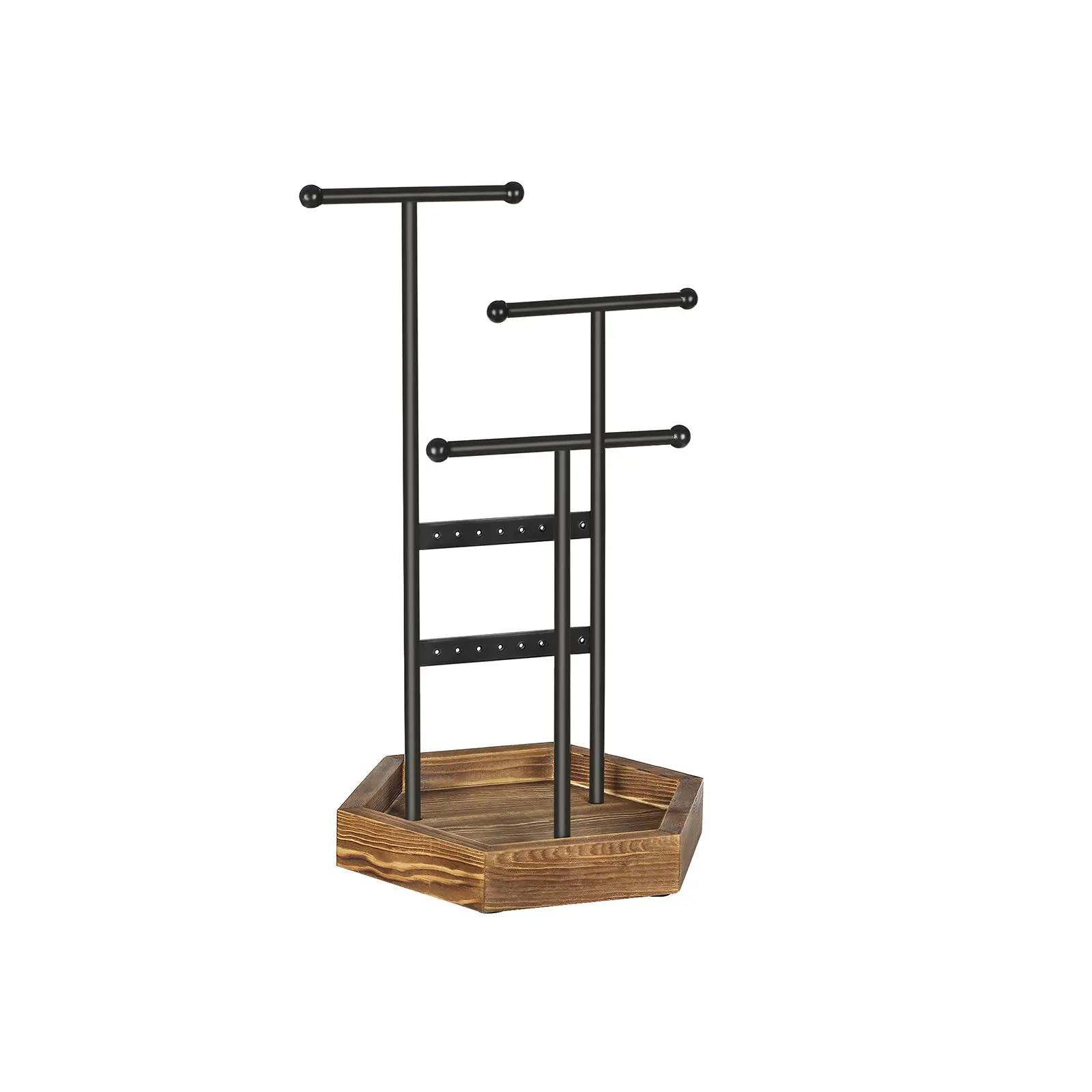 SONGMICS Modern Freestanding Multifunctional Metal Jewelry Tree - 3 T-Bars, Tray, Earring Holder, Necklace Display Stand, Irregular Wooden Base, Ring Holder Shelving & Storage Home Organizer for Gifting