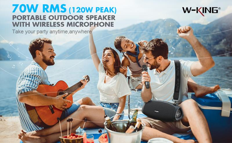 W-KING  120W Portable Bluetooth Speaker with Wireless Microphone, IPX6 Waterproof, Triple Passive Radiators, Deep Bass, Hi-Fi, DSP, Power Bank, TF, AUX, EQ, Opener, 42H Playtime, Bluetooth 5.0 - Durability Stereo Sound Equipped