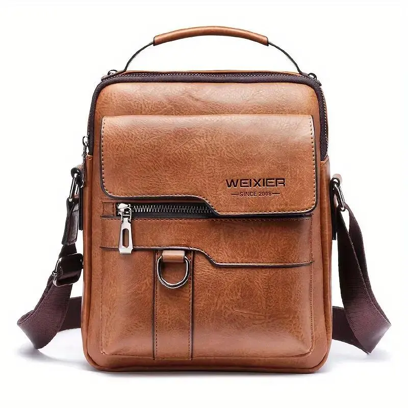 WEIXIER Men's PU leather shoulder bag, retro fashion, classic style, multiple compartments, adjustable shoulder strap, messenger bag, crossbody bag, casual handbag, travel, backpack, business trip, daily commuter bag for men and women