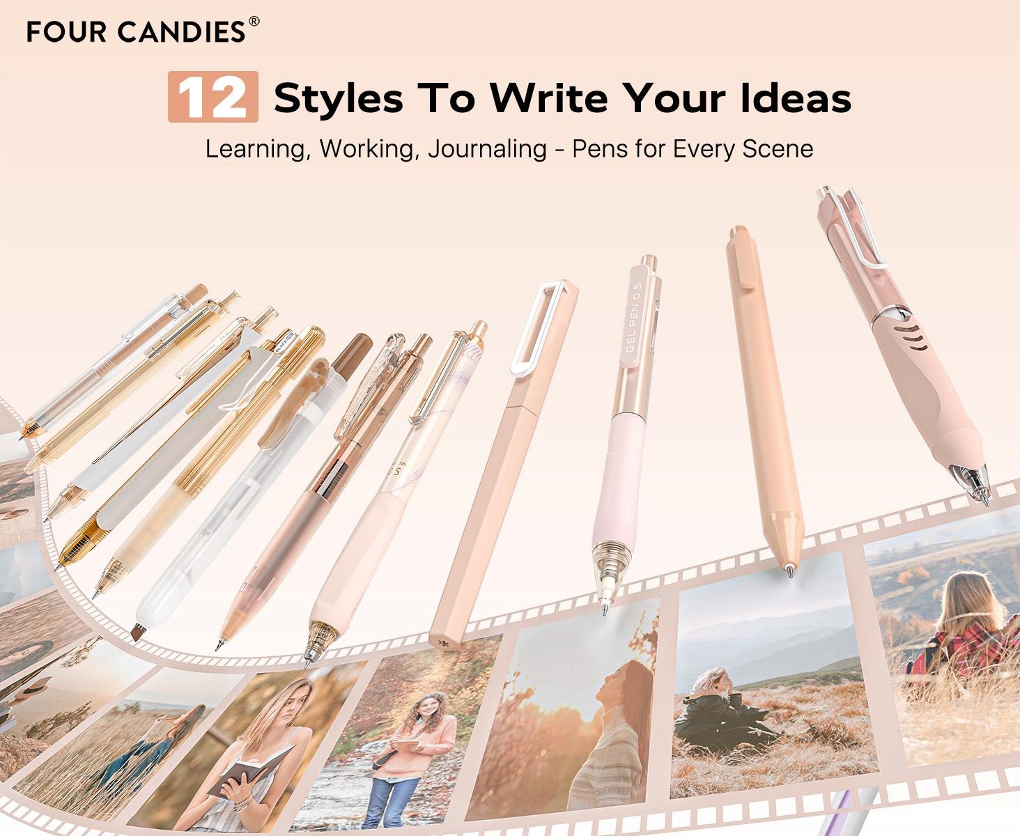 Four Candies 12Pack/Set Retractable Gel Pen, 0.5mm Fine Point Pen, Pastel Gel Ink Pen,Note Taking Aesthetic Pens, 11 Pack Black Ink Pens with 1 Highlighter,Cute Smooth Writing Pens for Office(Pink/Blue/Brown/Green/Purple)back to school Stationery Supplies