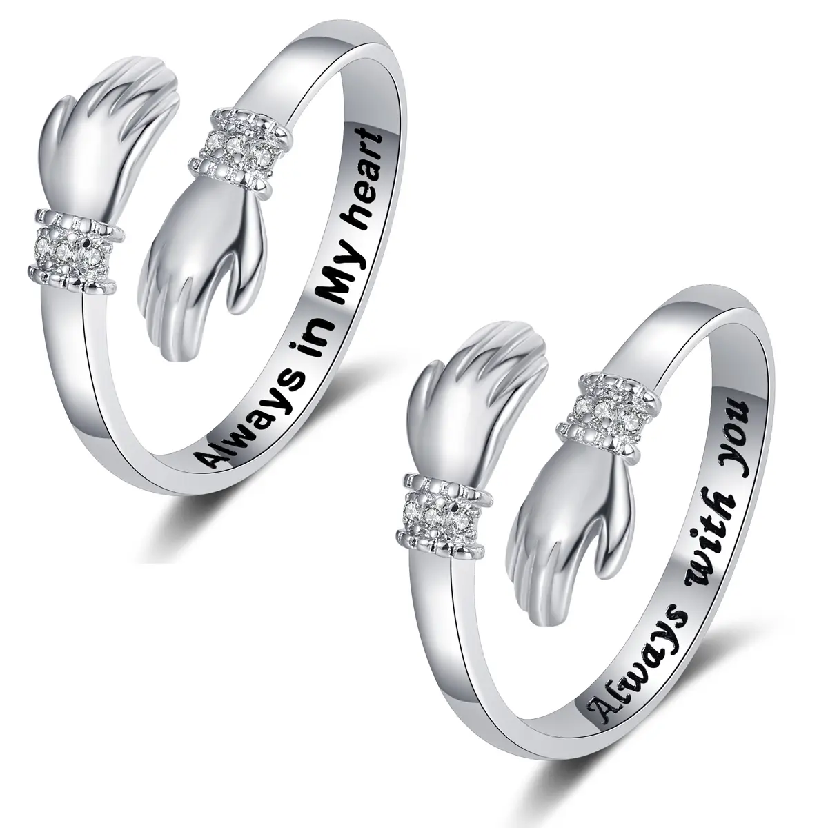 925 Silver Adjustable Hug Ring Set - 2-Piece Grandma and Granddaughter Matching Jewelry with Custom Birthstone, 'Always Keep Me In Your Heart' Engraving, Heartfelt Gift, Women's Matching Sets, Hugs, Female, Christmas, 2Pcs, Engraved, Hug Shape