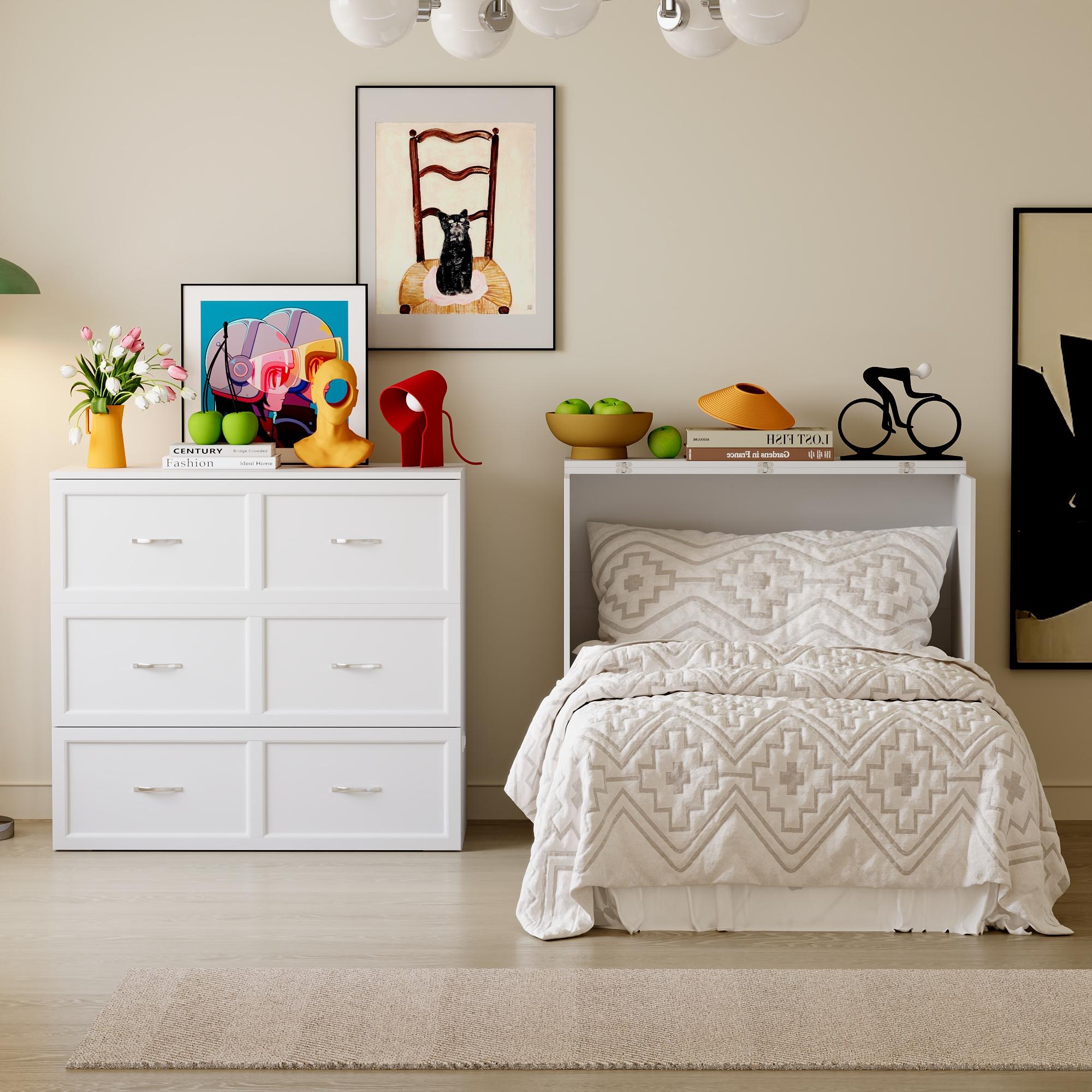 2-in-1 Twin Murphy Bed & Storage Cabinet - Built-In Charging Station, Foldable Space-Saving Design with Large Drawer for Bedroom Office