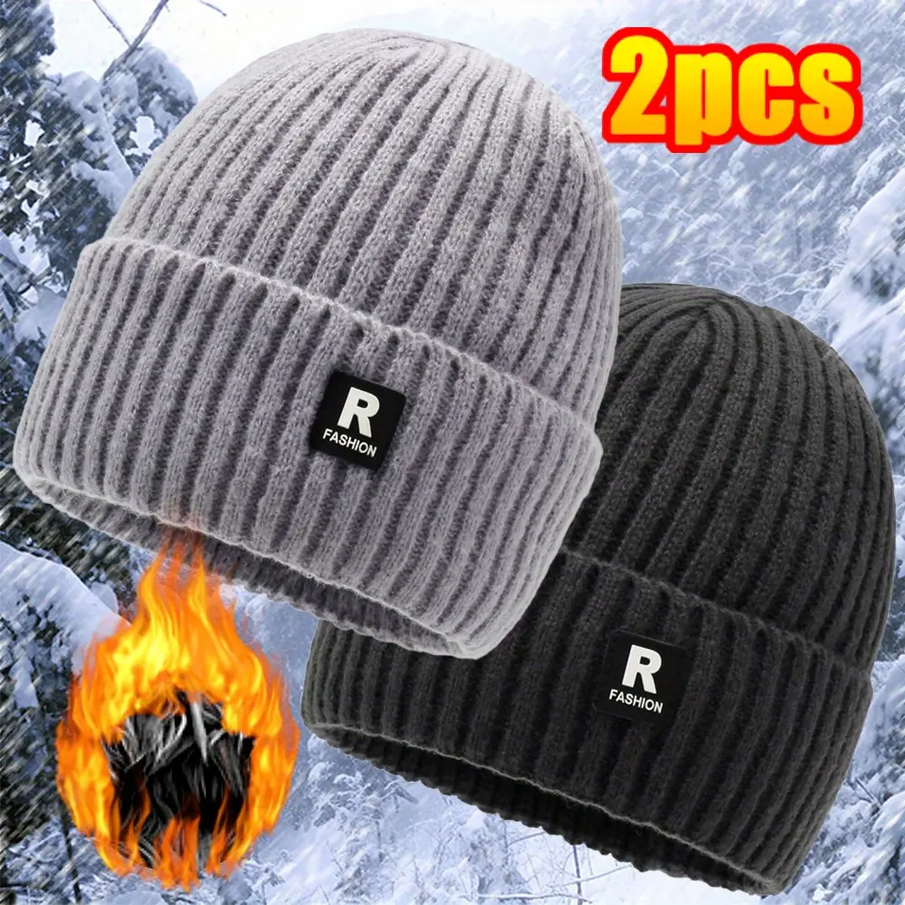2 Pieces Men's Winter Fashion Fleece-Lined Thick Knitted Hat Outdoor Cycling Cold-Proof Large Head Circumference Knitted Hat Ski Hat
