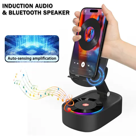 Wireless Induction Audio Bluetooth Speaker 5in1 Phone Holder Emergency Rechargeable (3000mAh) with Colorful Ambient Light 300° Foldable for Tablet iPhone Android, Gifts for Men Women