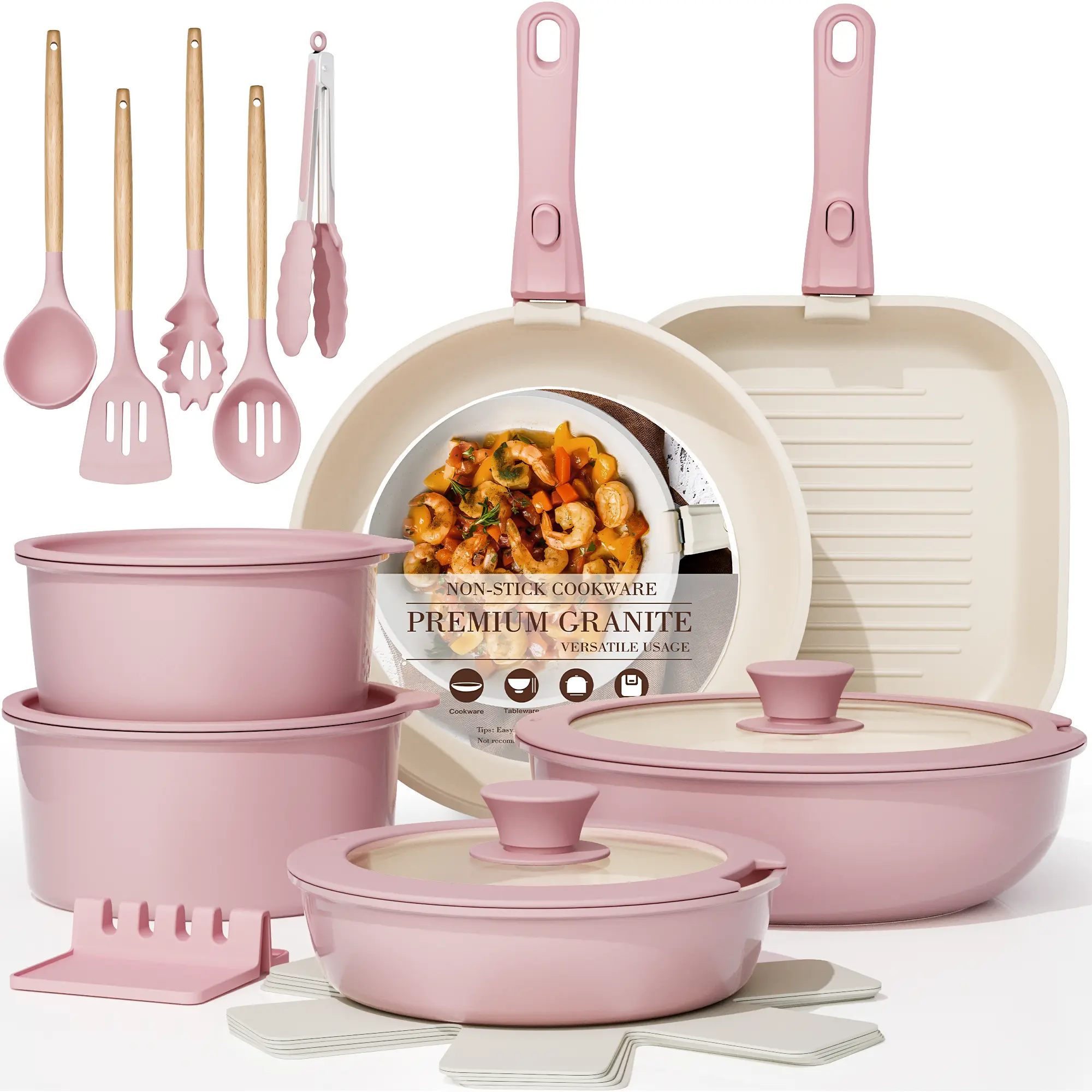 [Official] Astercook 23pcs Detachable Handle Nonstick Cookware Set- Featuring Frying Pans, Saucepans, Steamer, Silicone Shovel Spoon Steak Frying Pan & Egg Pan, PFOA-Free, RV Kitchen Cooking Pot And Pan Set