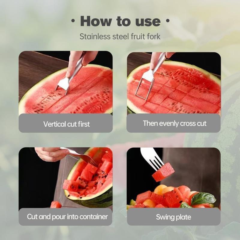 Watermelon Fork Slicer Cutter Slicer Tool, 2-in-1 Stainless Steel Fruit Cutter, Dual Head Fruit Forks Slicer Knife with Round Handle Kitchen Utensils