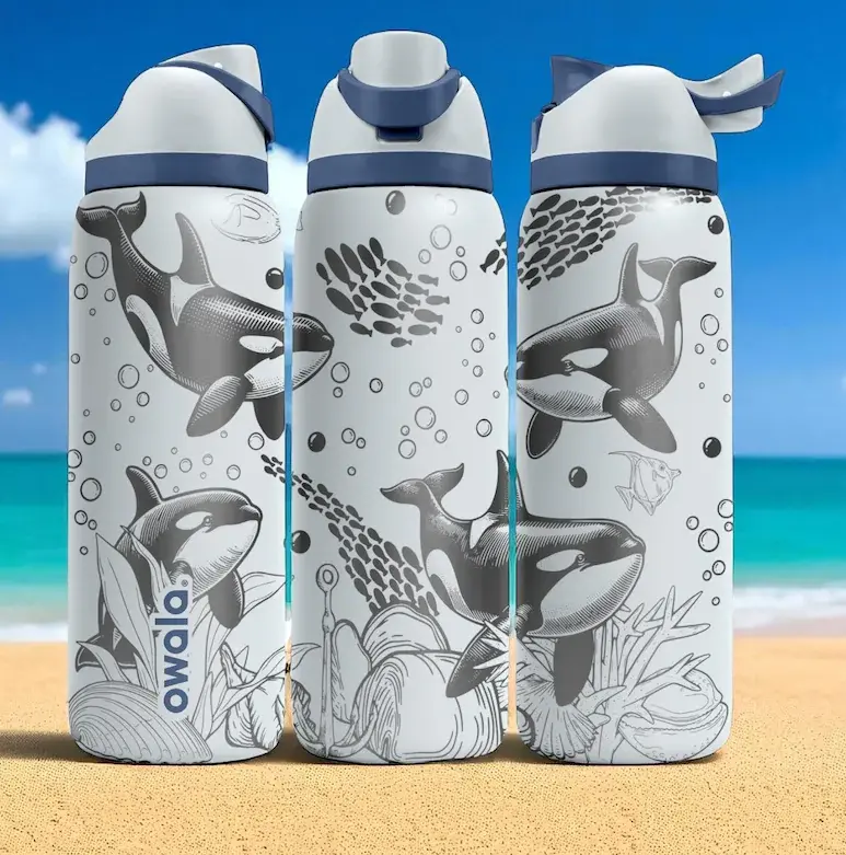 Owala Orca Whale Engraved Insulated Tumbler, Ocean Life Stainless Steel Water Bottle, Double Wall Vacuum Travel Cup, Leakproof Reusable Drinkware