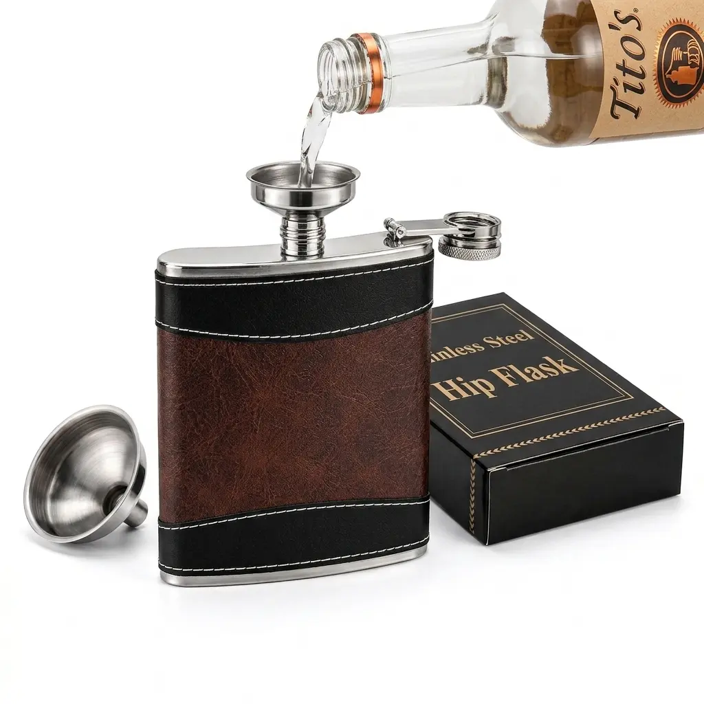 Premium  8 Oz Hip Flask for Liquor, Great for Whiskey & Vodka, Soft Touch Leather Wrap with Funnel,18/8 Stainless Steel Highest Food Grade Leak Proof Classic Flask