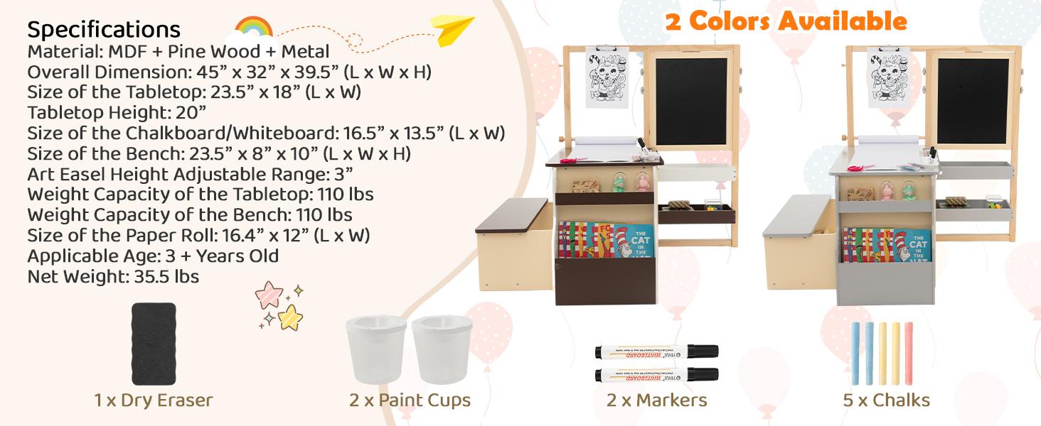 Costzon Easel for Kids, Wooden Art Center with Double-Sided Blackboard & Whiteboard, Paper Roll for Drawing, Crafts, Writing, Toddler Activity Table with Storage, Kids Table and Chair Set
