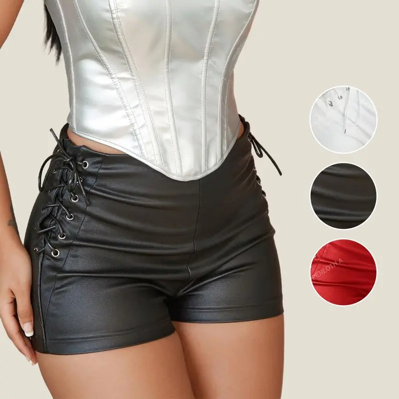 Women's Faux Leather Lace Up Side Skinny Shorts - Punk Sexy Above the Knee Fashion Shorts for Music Festivals, Faux Leather Shorts
