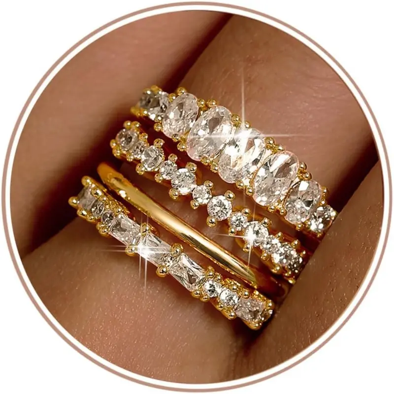 Women's Florideco 14K Gold Plated Fashion Stackable Rings Set - Minimalist Cubic Zirconia Thumb/Knuckle Pieces, Elegant Glittering Stack, Christmas Non Tarnish Jewelry for Women, Sizes 5-10, Tarnish Proof Accessory