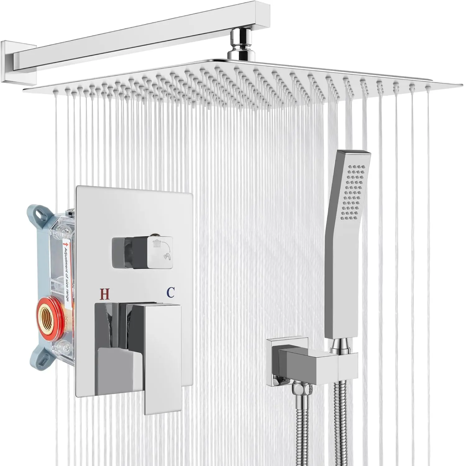 Shower Faucet Set Rain Shower System with Handheld Spray Bathroom Shower Combo Rough-in Valve and Shower Trim Kit Included Polish Chrome 12 Inch Wall Mount Shower Head