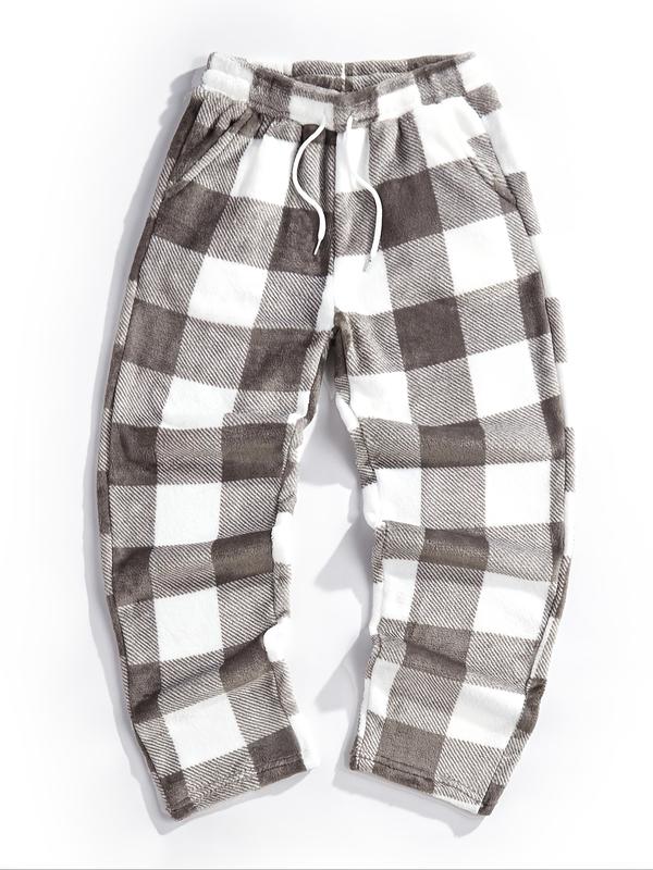 Unisex Plaid Fleece Print Drawstring Pants, Casual Daily Wear, Winter Warm Sleepwear, Christmas Gift, Long Pants